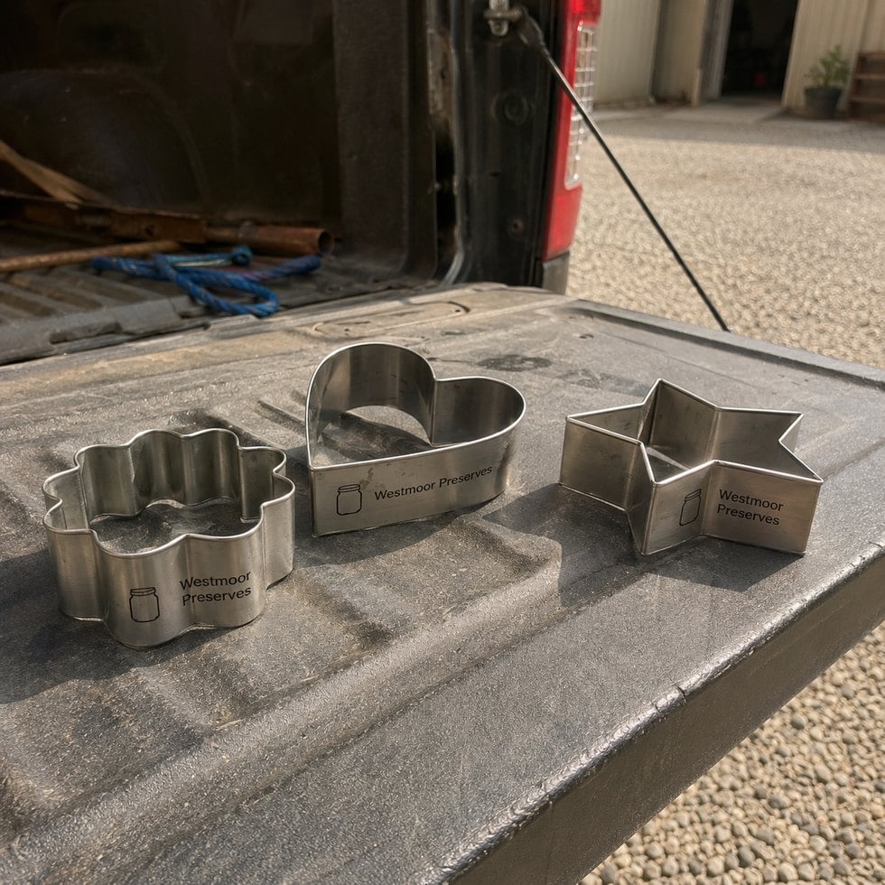 Custom cookie cutters in bulk on a workshop table