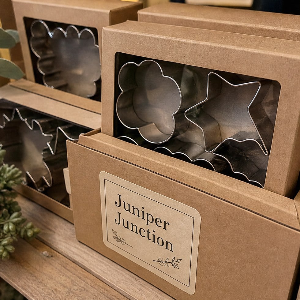 Custom shaped cookie cutters in a retail gift box