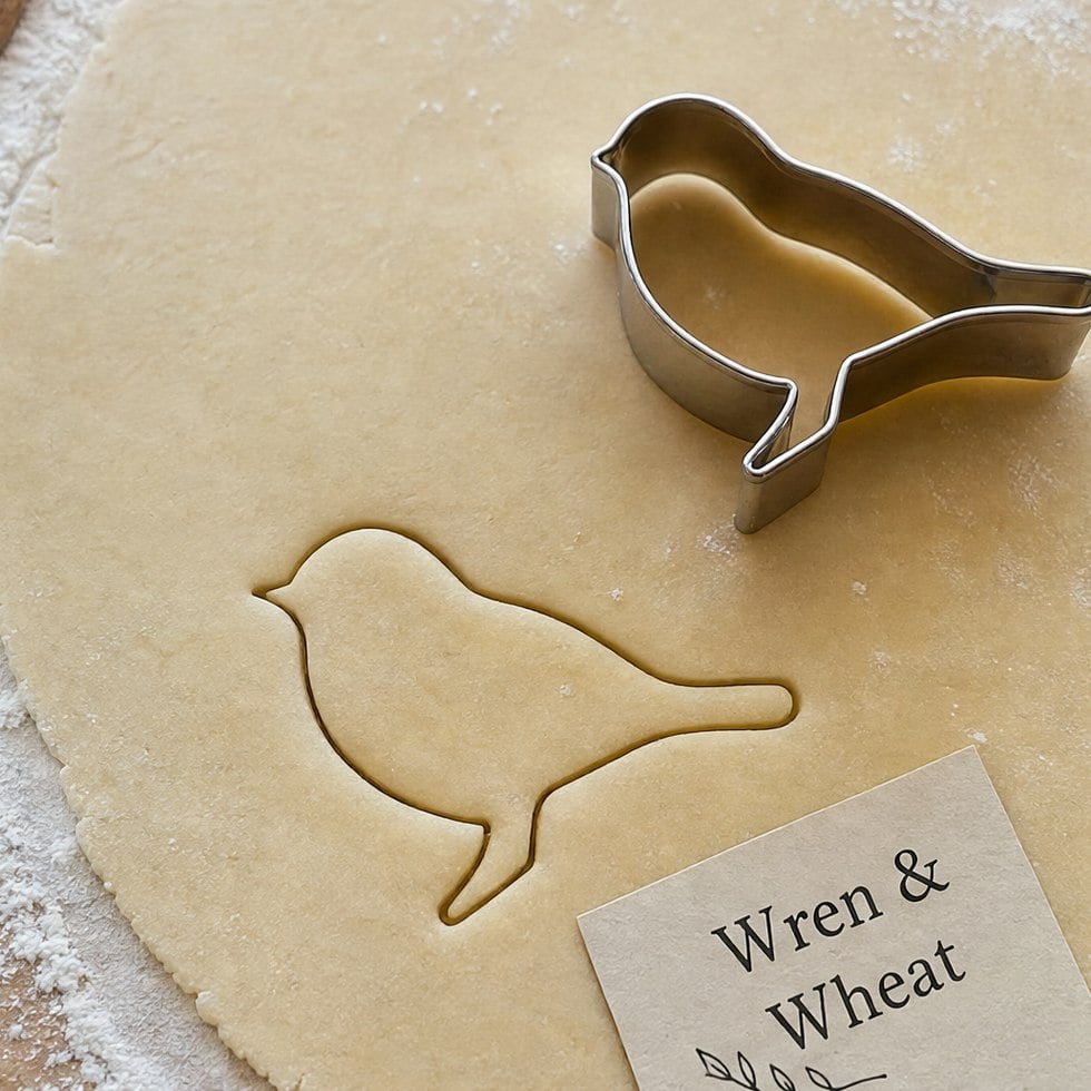 Logo cookie cutters beside freshly cut dough